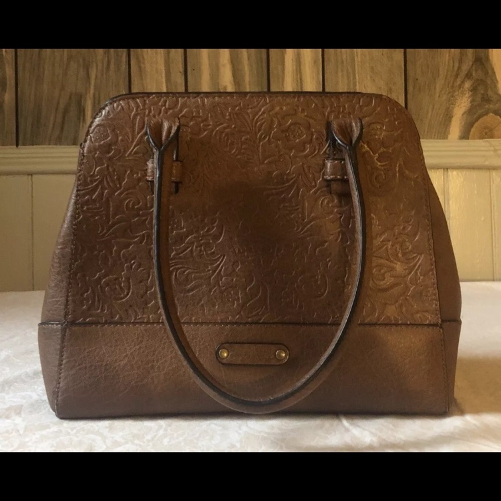 Simply Noelle Brown Floral Embossed Handbag Tote Handles Removable Strap